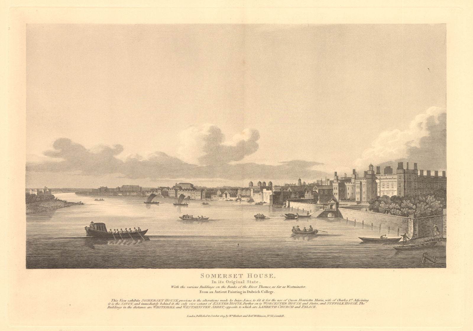 View of London from the Thames 1635. Westminster, Whitehall, Somerset House 1834